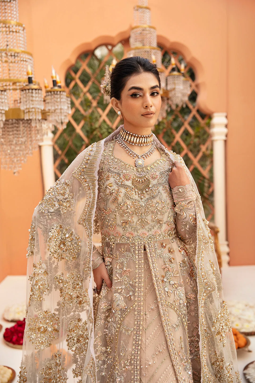 Pakistani Bridal Outfit in Open Gown and Lehenga Style