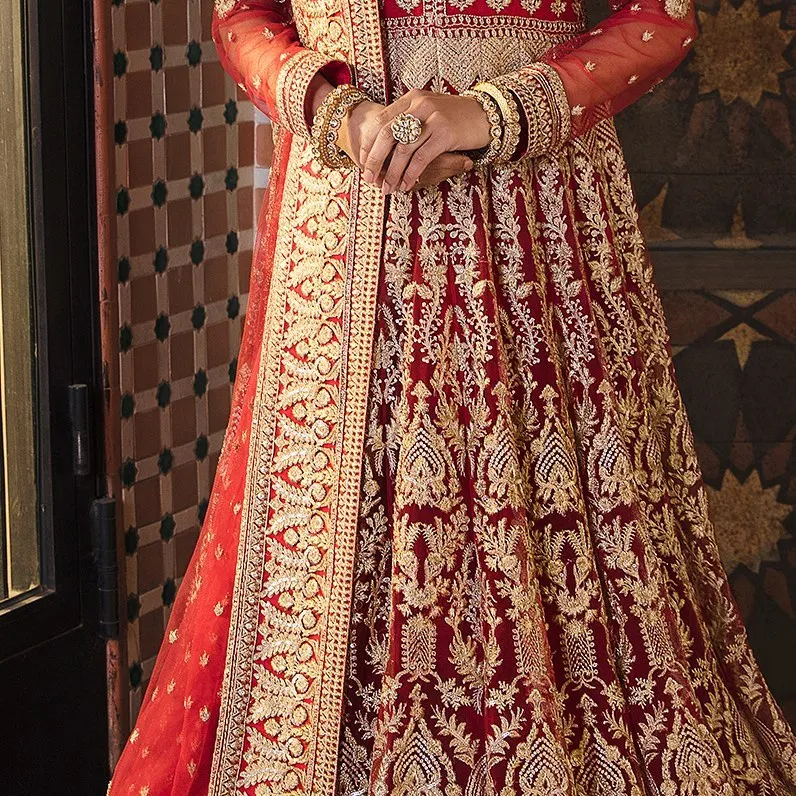 Pakistani Red Dress in Bridal Pishwas Style #BS842