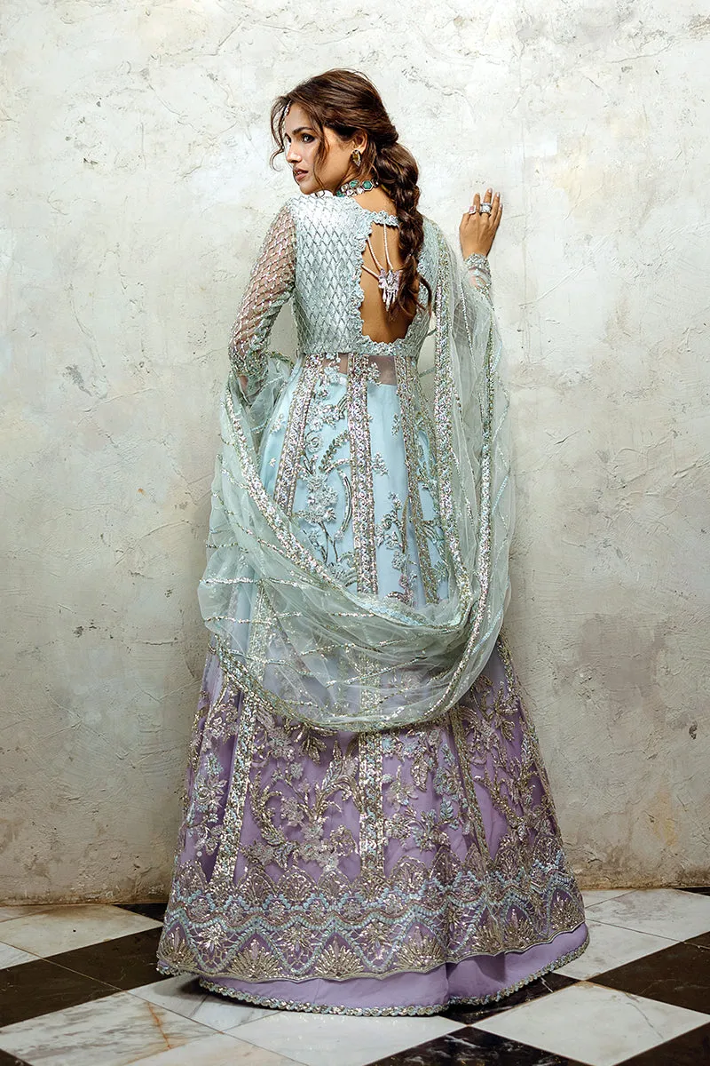 Pakistani Wedding Dress in Blue Open Gown Lehenga Style
