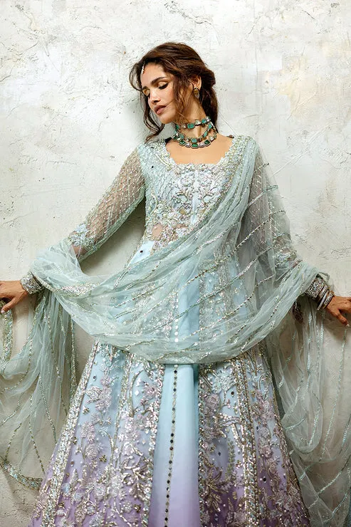 Pakistani Wedding Dress in Blue Open Gown Lehenga Style