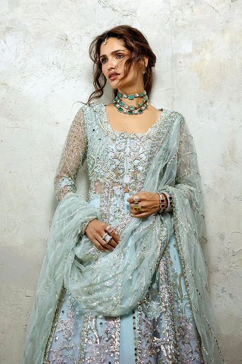 Pakistani Wedding Dress in Blue Open Gown Lehenga Style