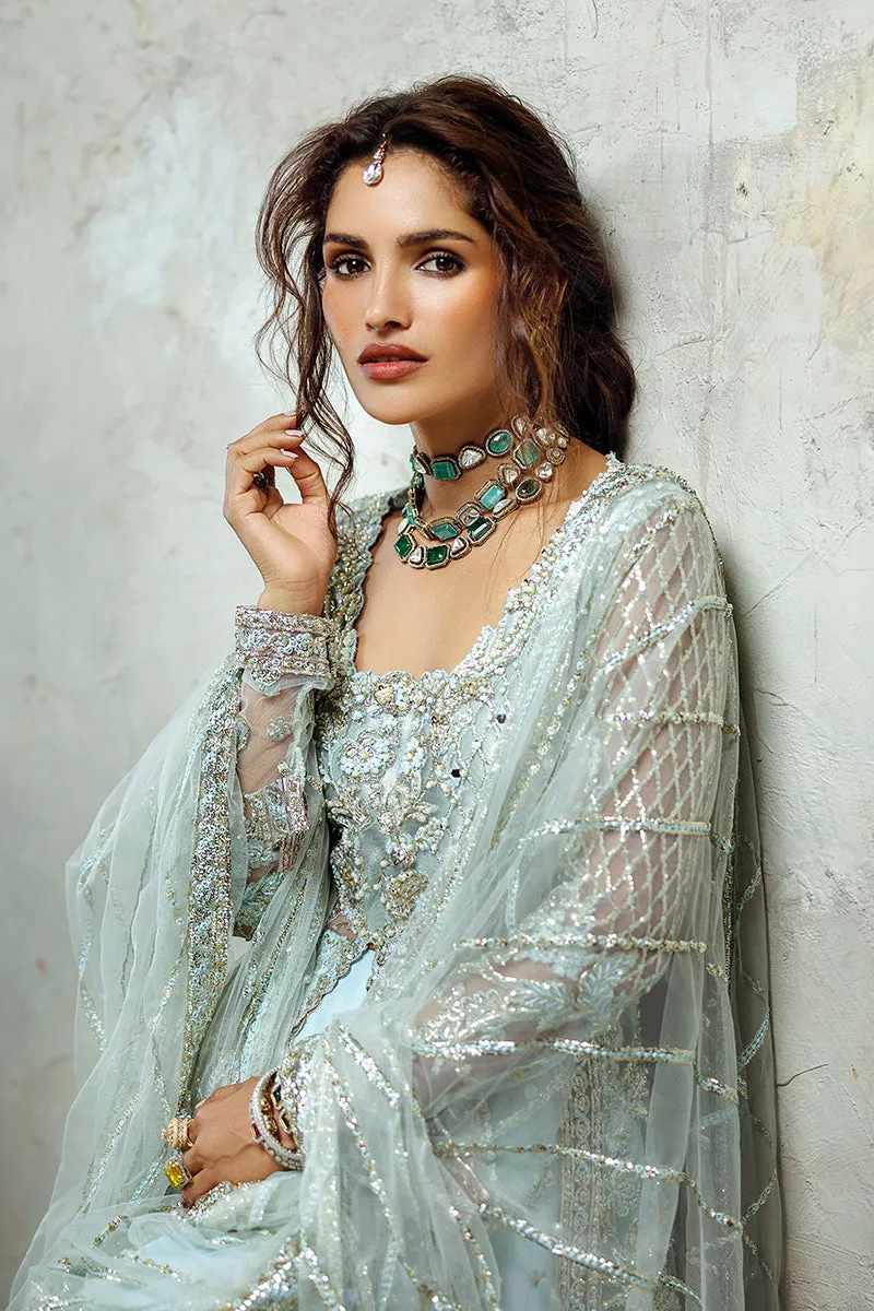 Pakistani Wedding Dress in Blue Open Gown Lehenga Style
