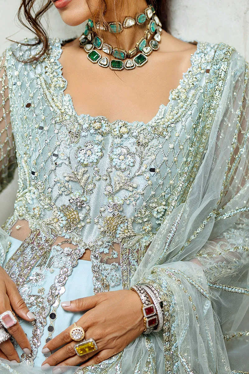 Pakistani Wedding Dress in Blue Open Gown Lehenga Style