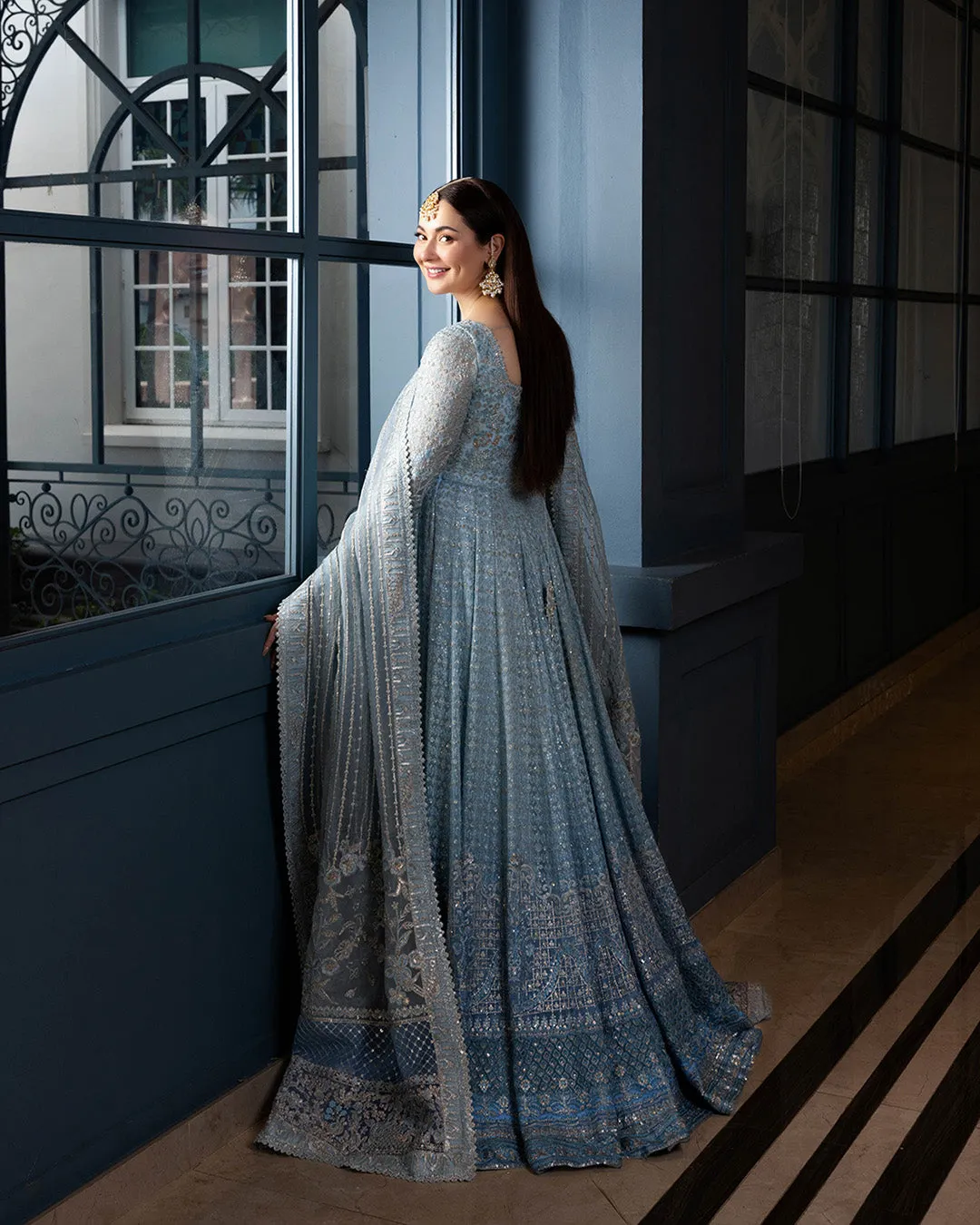 Pakistani Wedding Dress in Blue Pishwas Frock Style