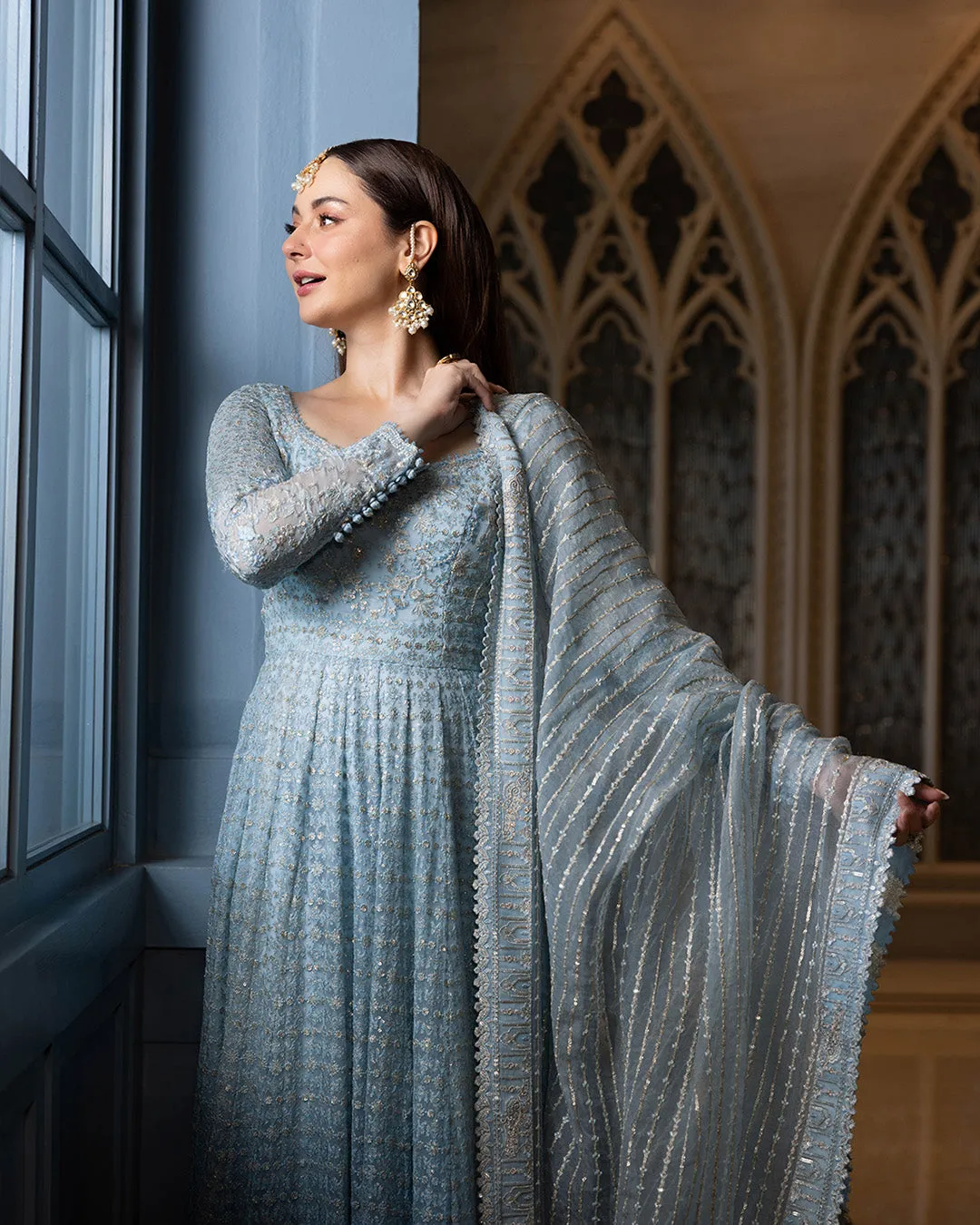 Pakistani Wedding Dress in Blue Pishwas Frock Style