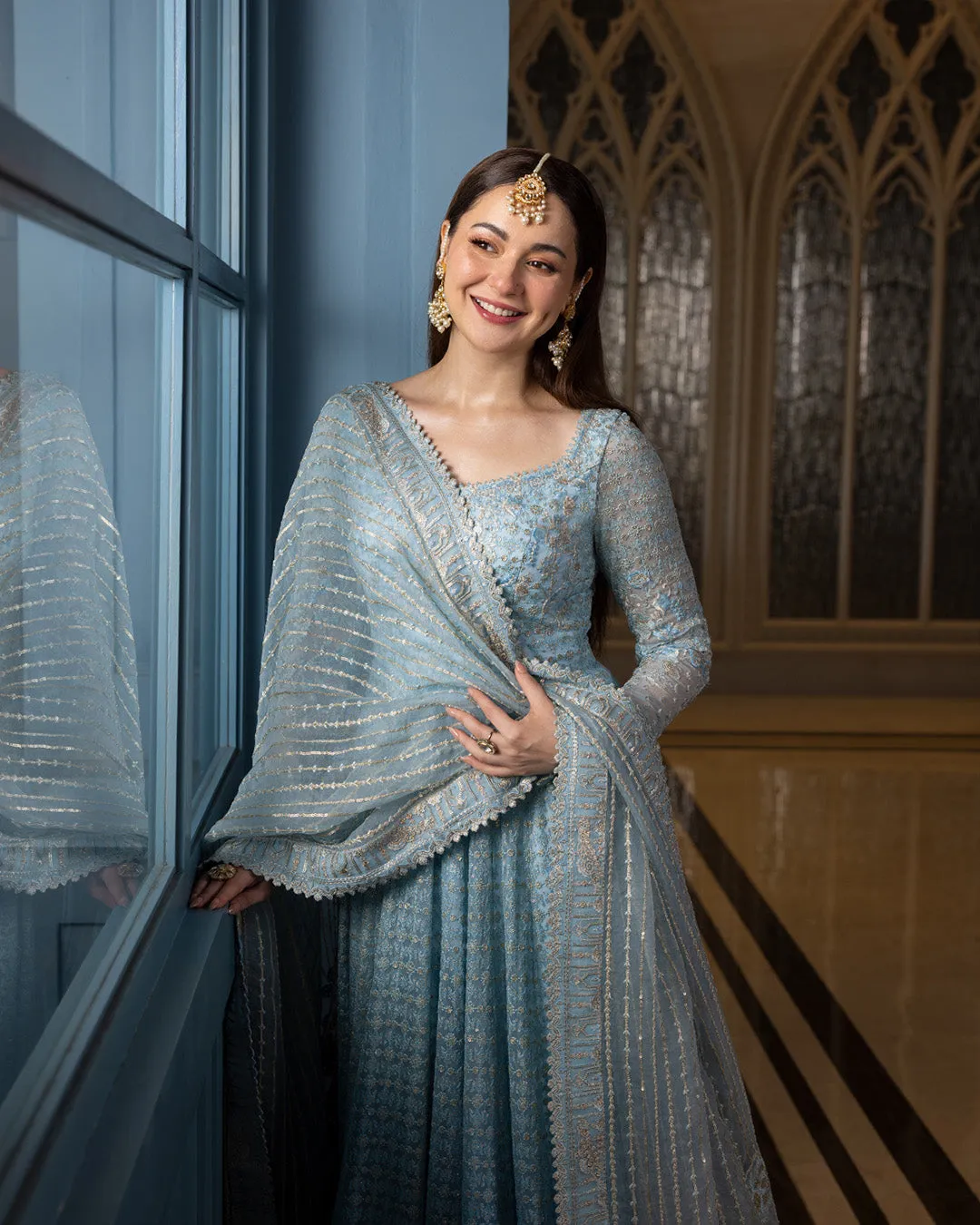 Pakistani Wedding Dress in Blue Pishwas Frock Style
