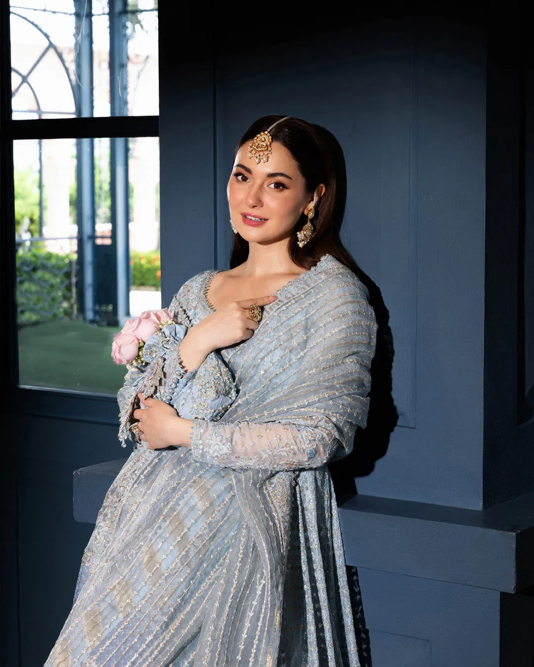 Pakistani Wedding Dress in Blue Pishwas Frock Style
