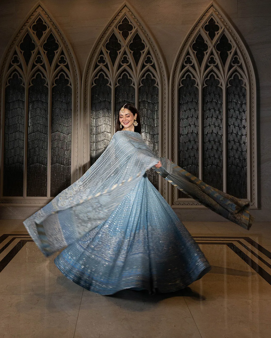 Pakistani Wedding Dress in Blue Pishwas Frock Style