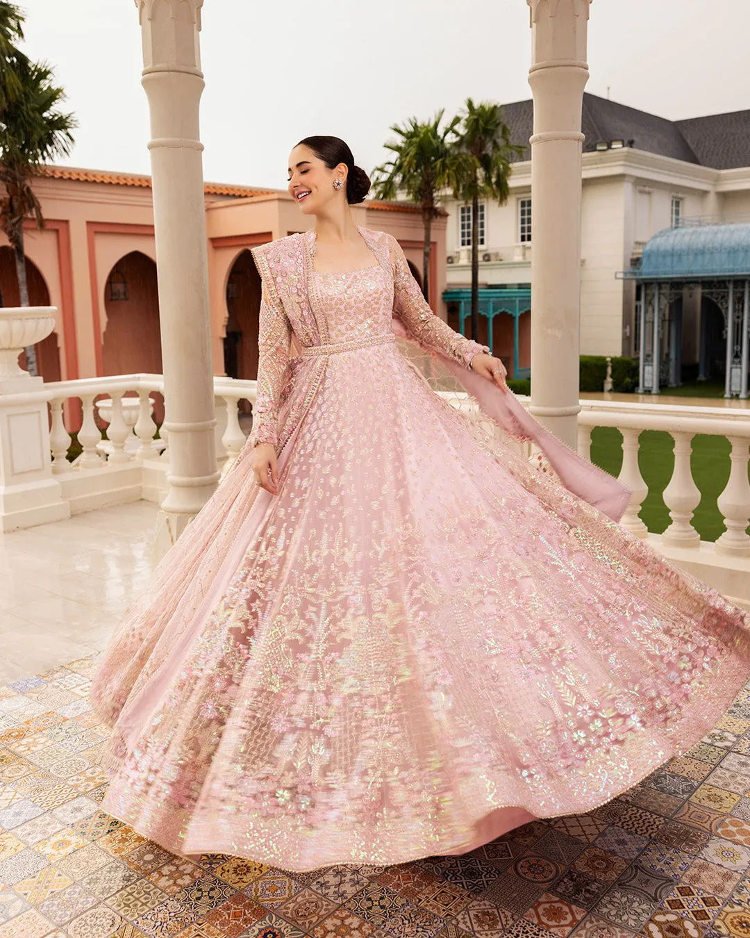 Pakistani Wedding Dress in Pink Pishwas Frock Style
