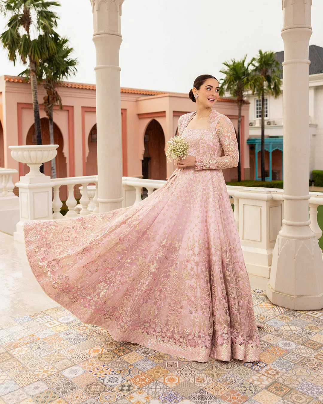 Pakistani Wedding Dress in Pink Pishwas Frock Style