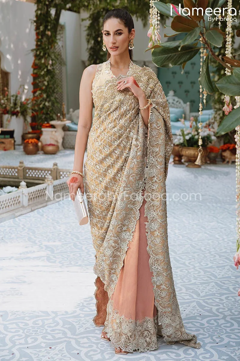 Pakistani Wedding Saree Bridal Dress in Gold #BS685