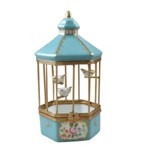 Pastel Blue Bird Cage with Gold Birds