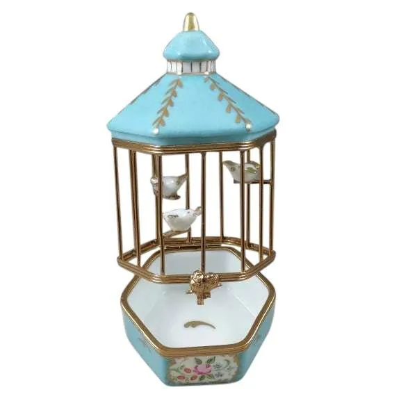 Pastel Blue Bird Cage with Gold Birds