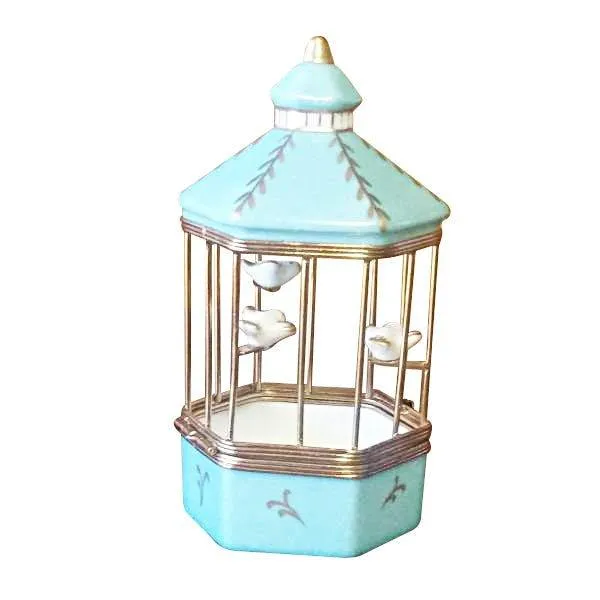 Pastel Blue Bird Cage with Gold Birds