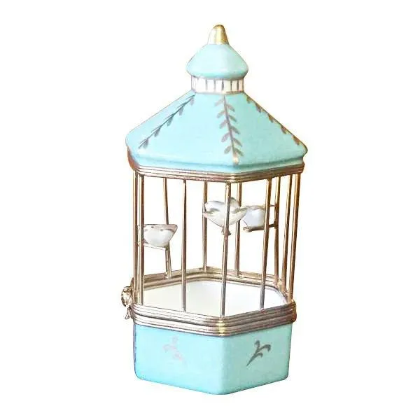 Pastel Blue Bird Cage with Gold Birds
