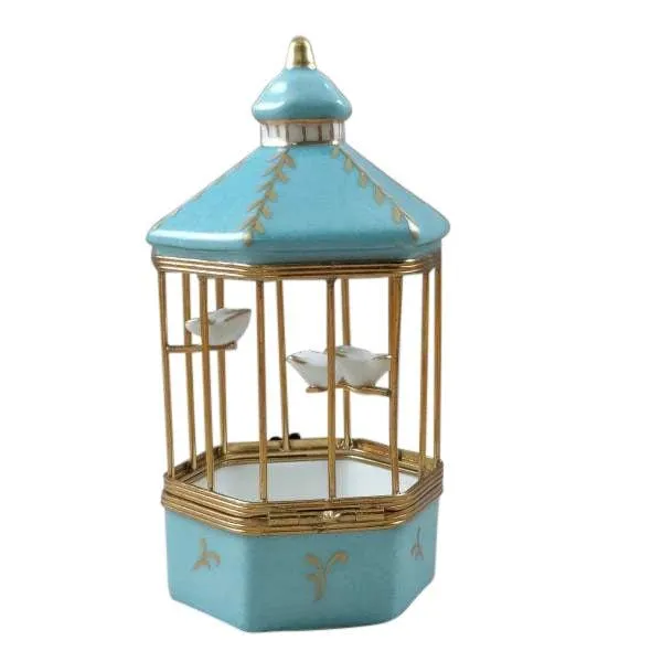 Pastel Blue Bird Cage with Gold Birds