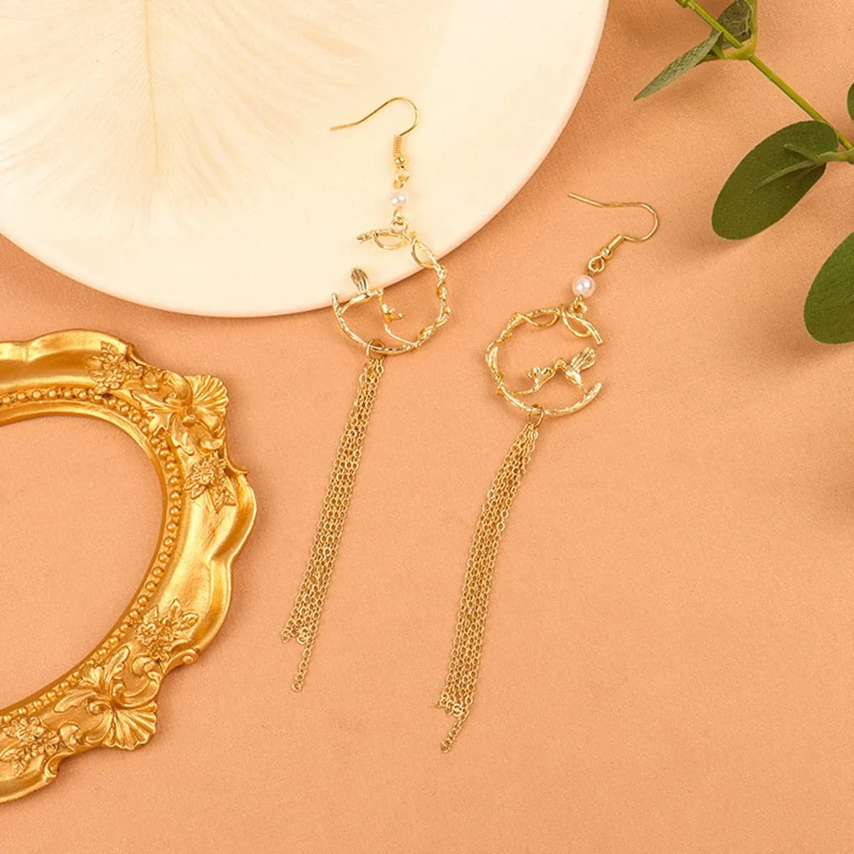 Pearl & 18K Gold-Plated Bird Tassel Drop Earrings