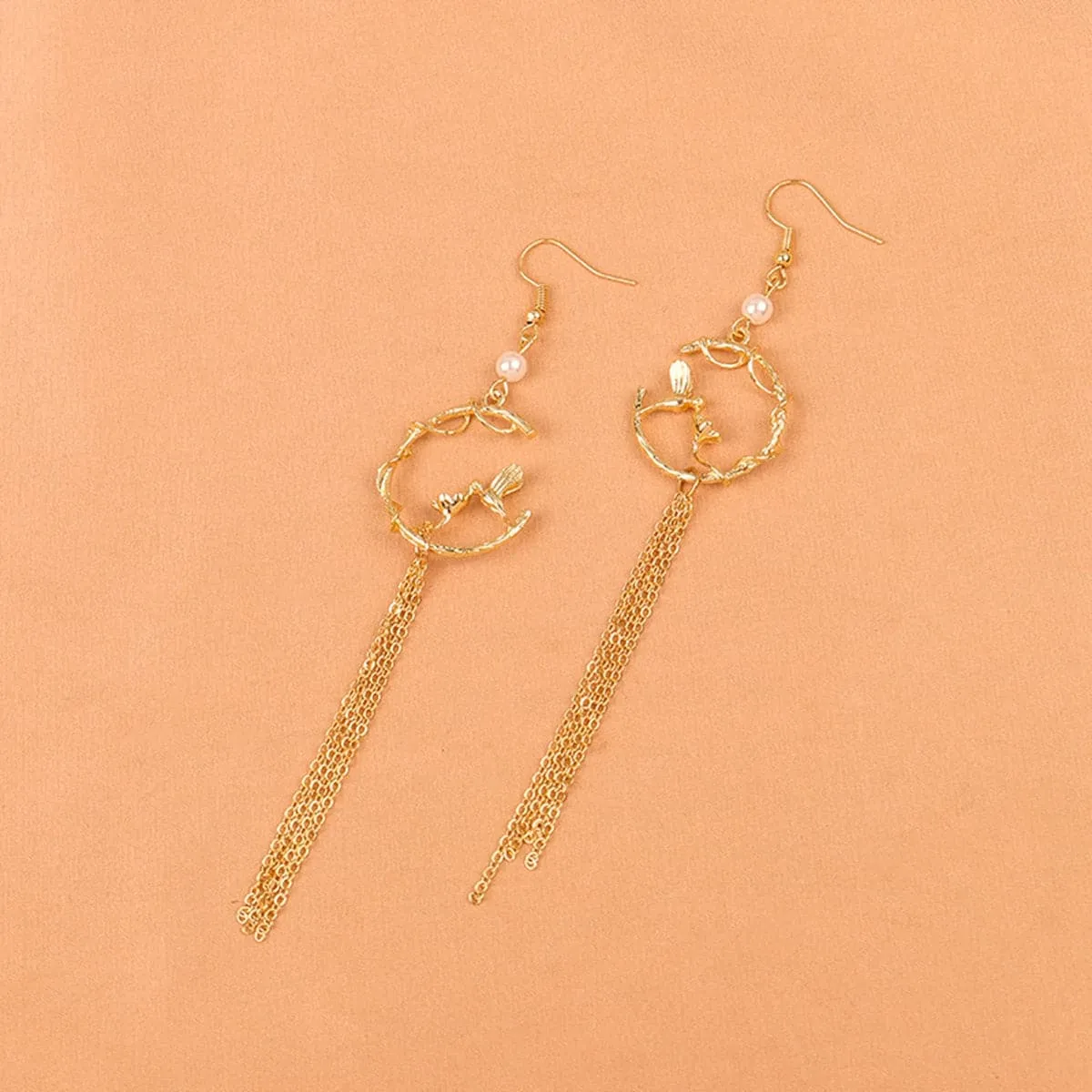 Pearl & 18K Gold-Plated Bird Tassel Drop Earrings