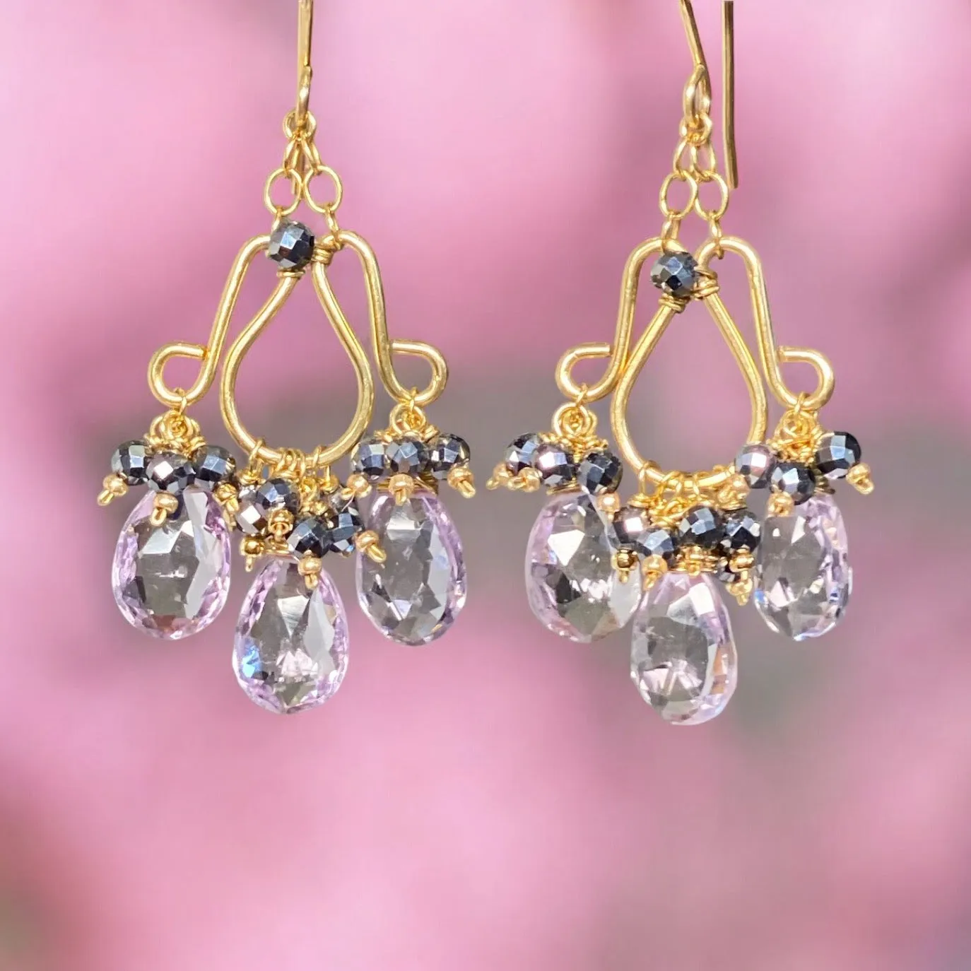 Pink Amethyst Chandelier Earrings Gold Fill with Black Clusters