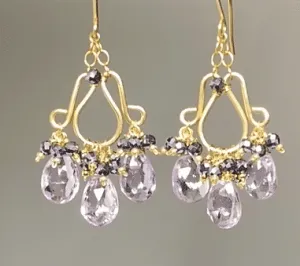 Pink Amethyst Chandelier Earrings Gold Fill with Black Clusters