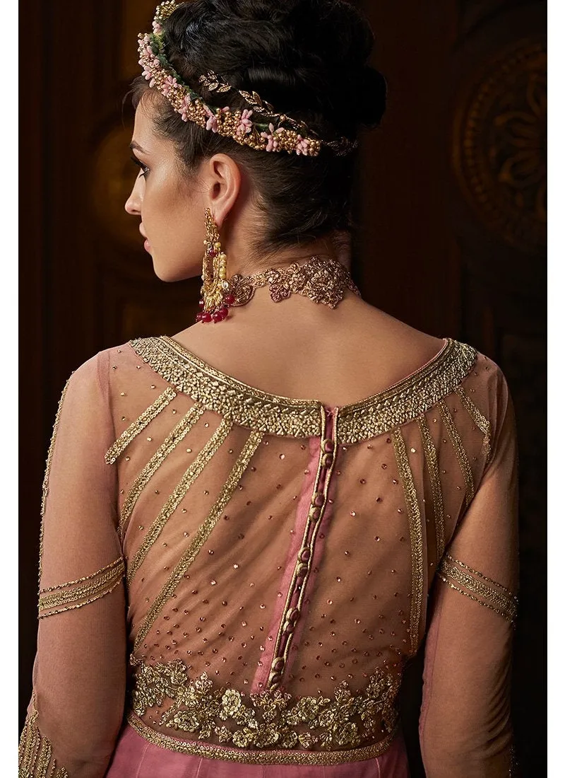 Pink Golden Embroidered Layered Anarkali Suit