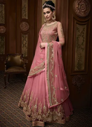 Pink Golden Embroidered Layered Anarkali Suit