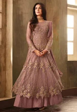 Pink Rose Gold Embellished Net Anarkali Suit