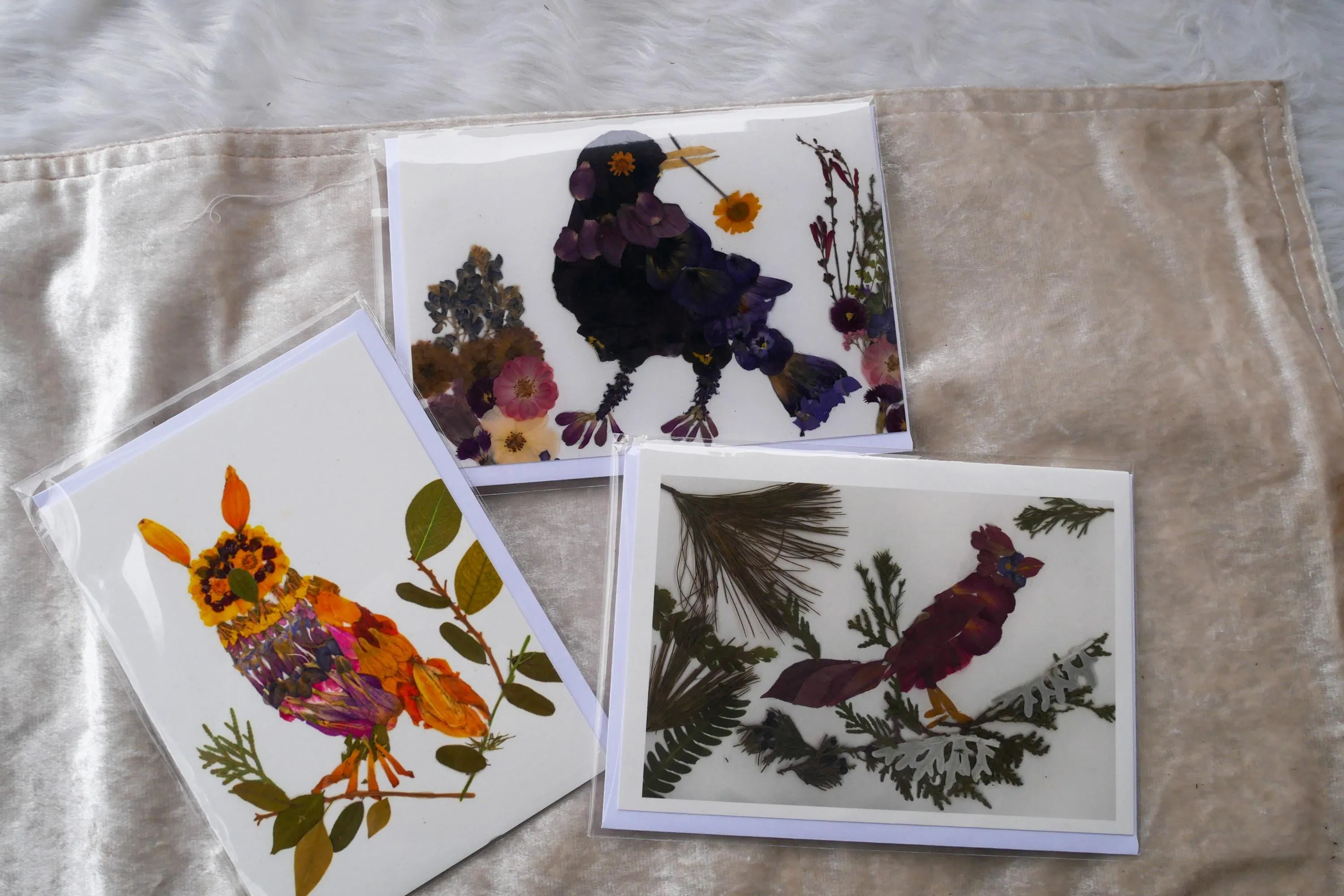 Pressed flower grackle art, floral collage, pressed flower crow art, whimsical bird art