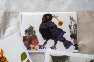 Pressed flower grackle art, floral collage, pressed flower crow art, whimsical bird art