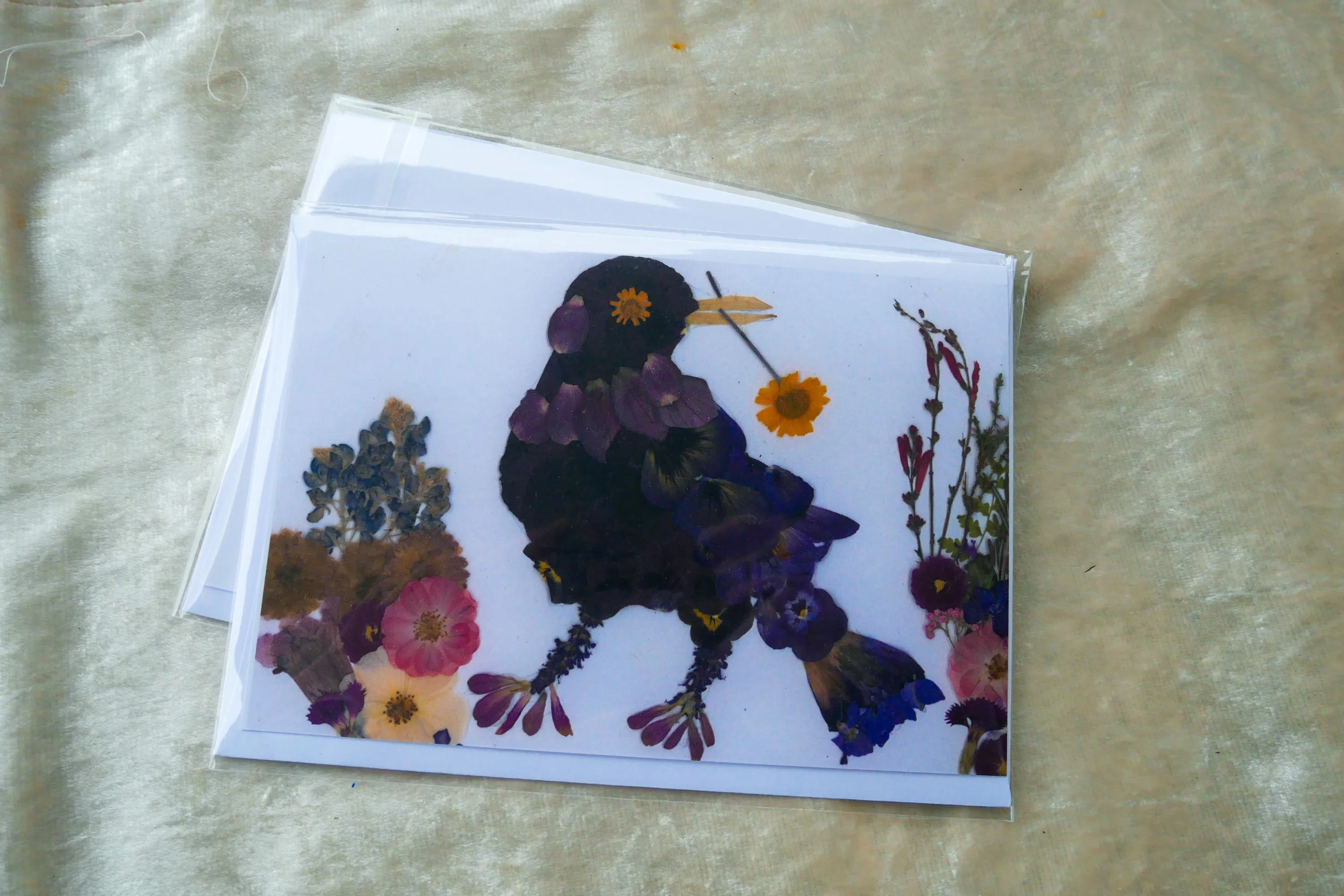 Pressed flower grackle art, floral collage, pressed flower crow art, whimsical bird art