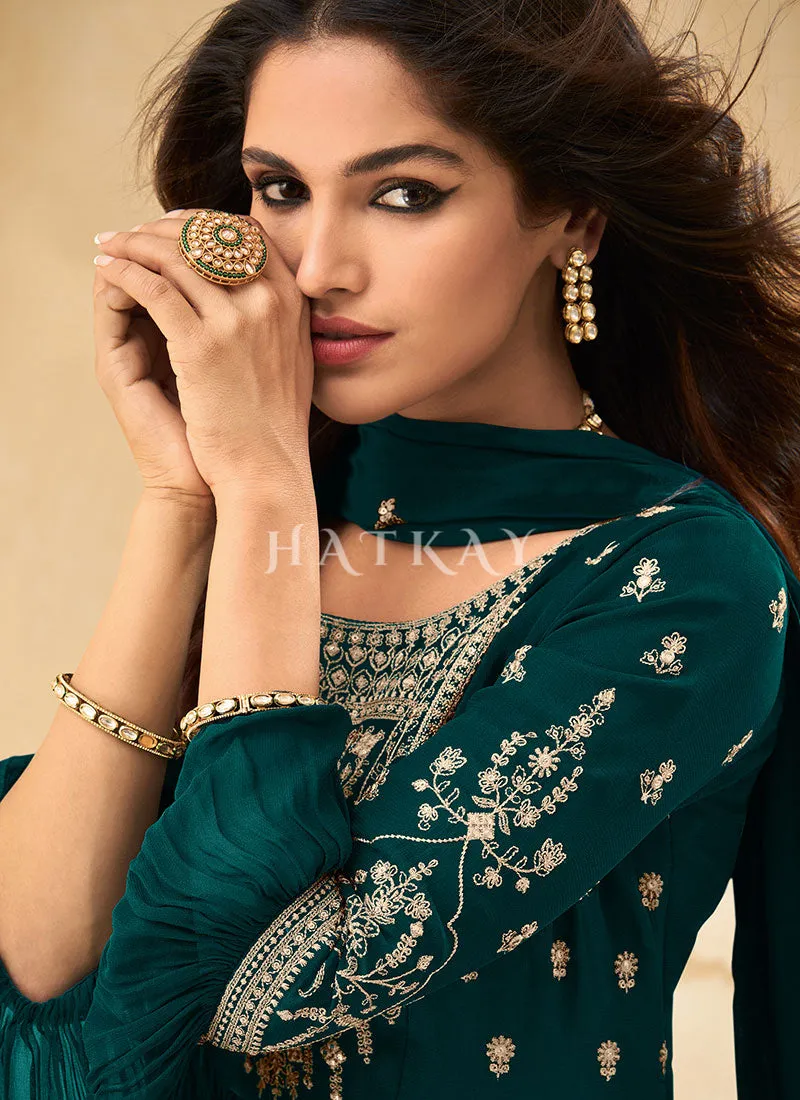 Rama Green Thread Embroidered Pleated Palazzo Suit