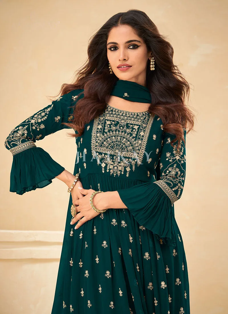 Rama Green Thread Embroidered Pleated Palazzo Suit
