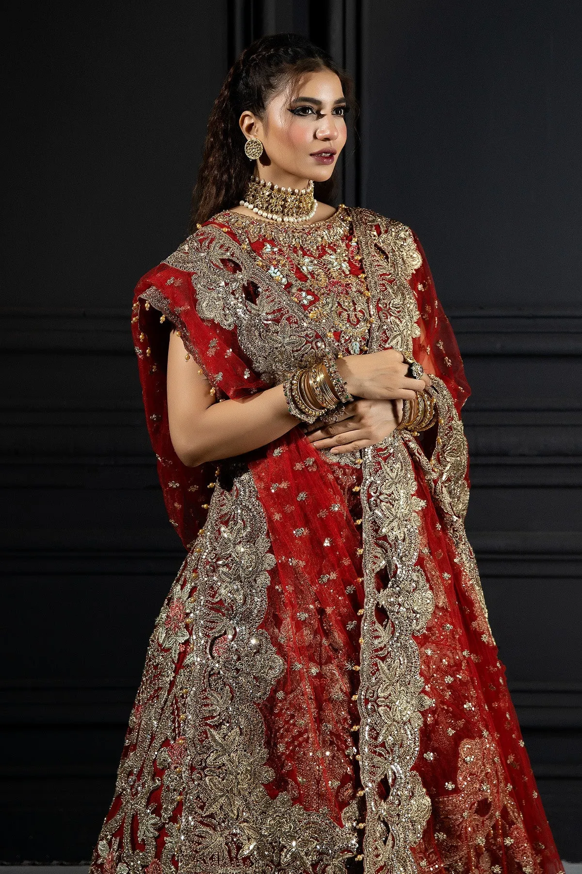Red Pakistani Bridal Dress in Gown and Dupatta Style