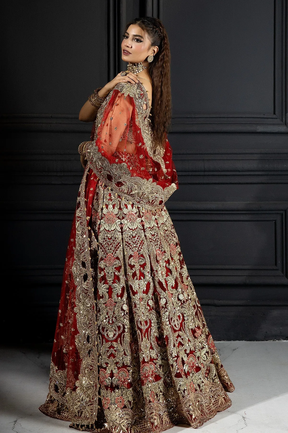 Red Pakistani Bridal Dress in Gown and Dupatta Style