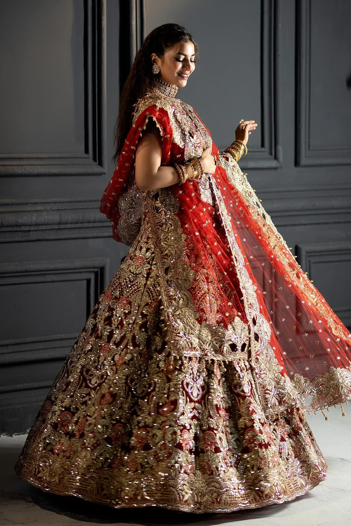 Red Pakistani Bridal Dress in Gown and Dupatta Style