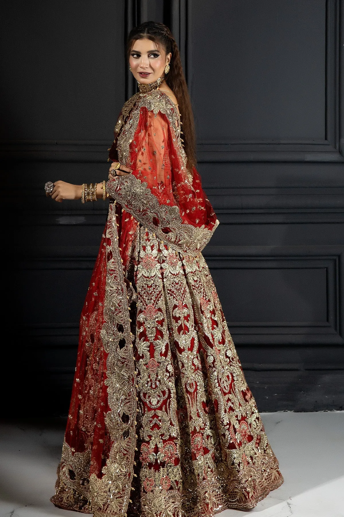 Red Pakistani Bridal Dress in Gown and Dupatta Style