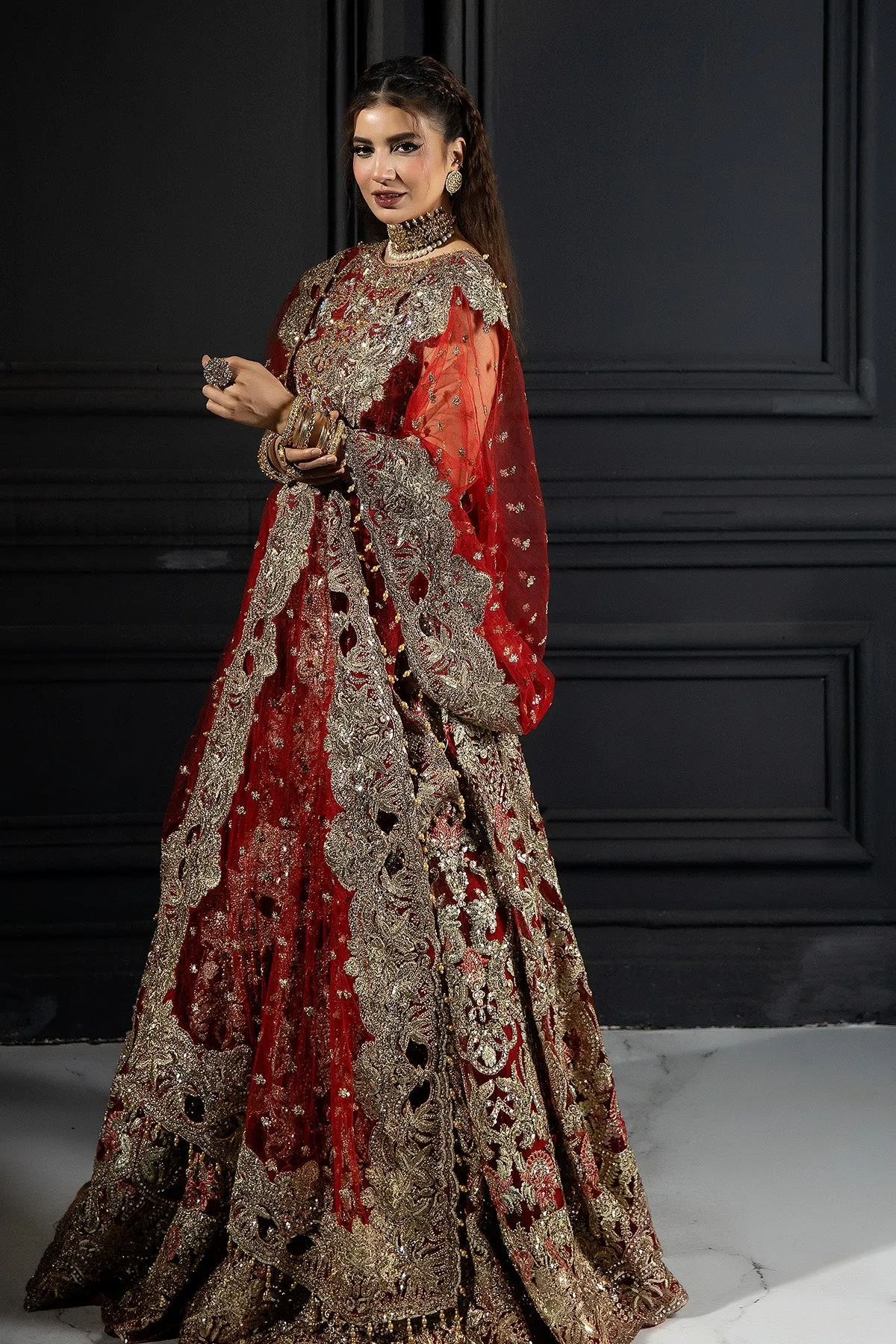 Red Pakistani Bridal Dress in Gown and Dupatta Style