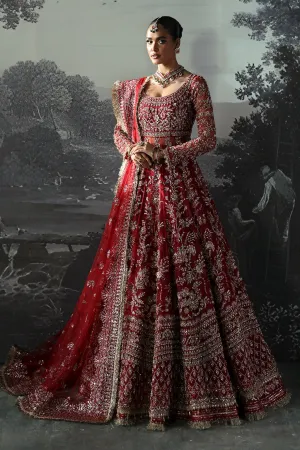 Red Pakistani Bridal Dress in Peshwas and Lehenga Style