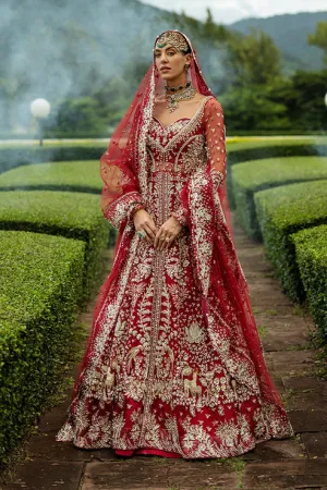 Red Pakistani Bridal Dress in Shirt and Lehenga Style