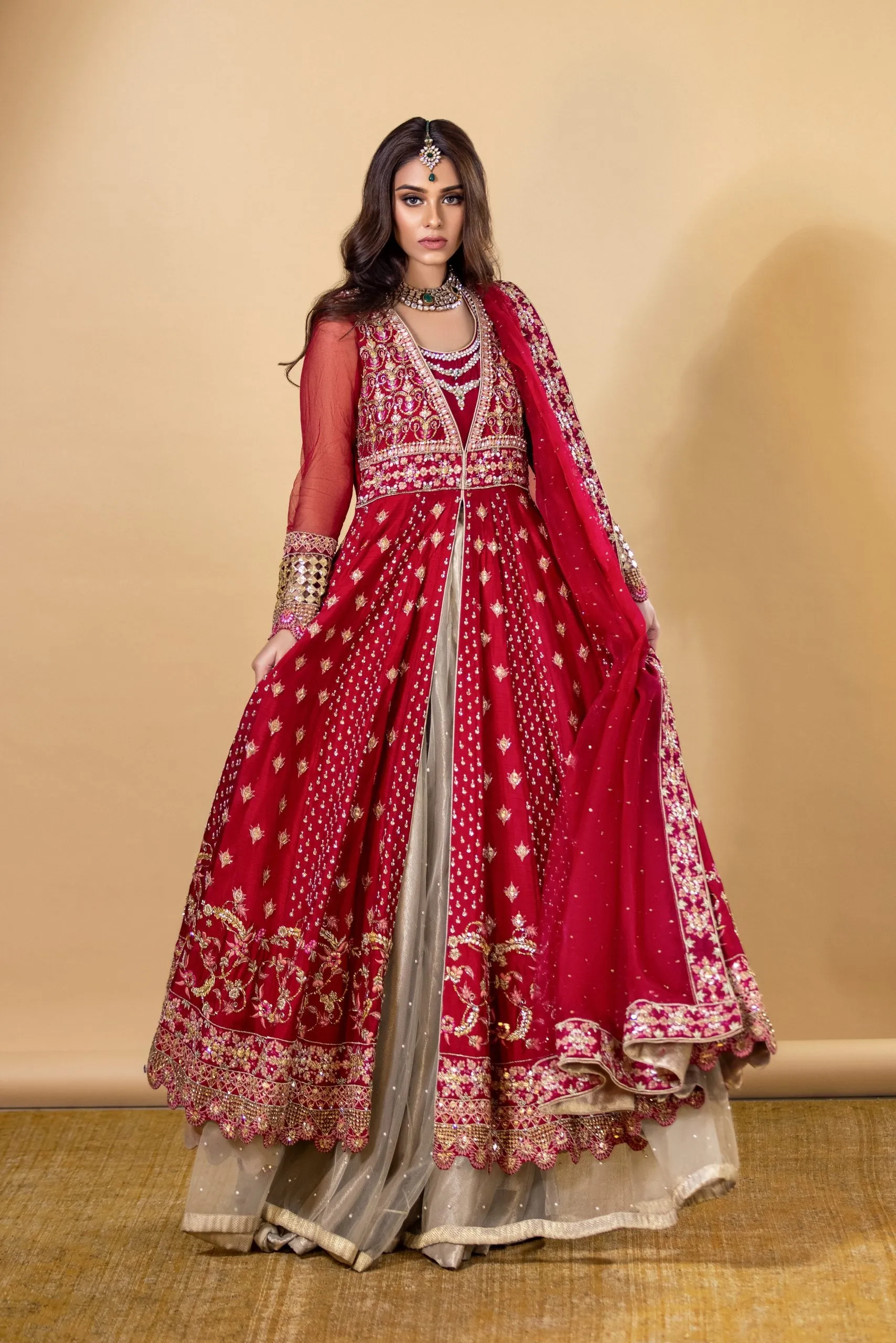Royal Red Bridal Dress Pakistani in Lehenga Gown Style
