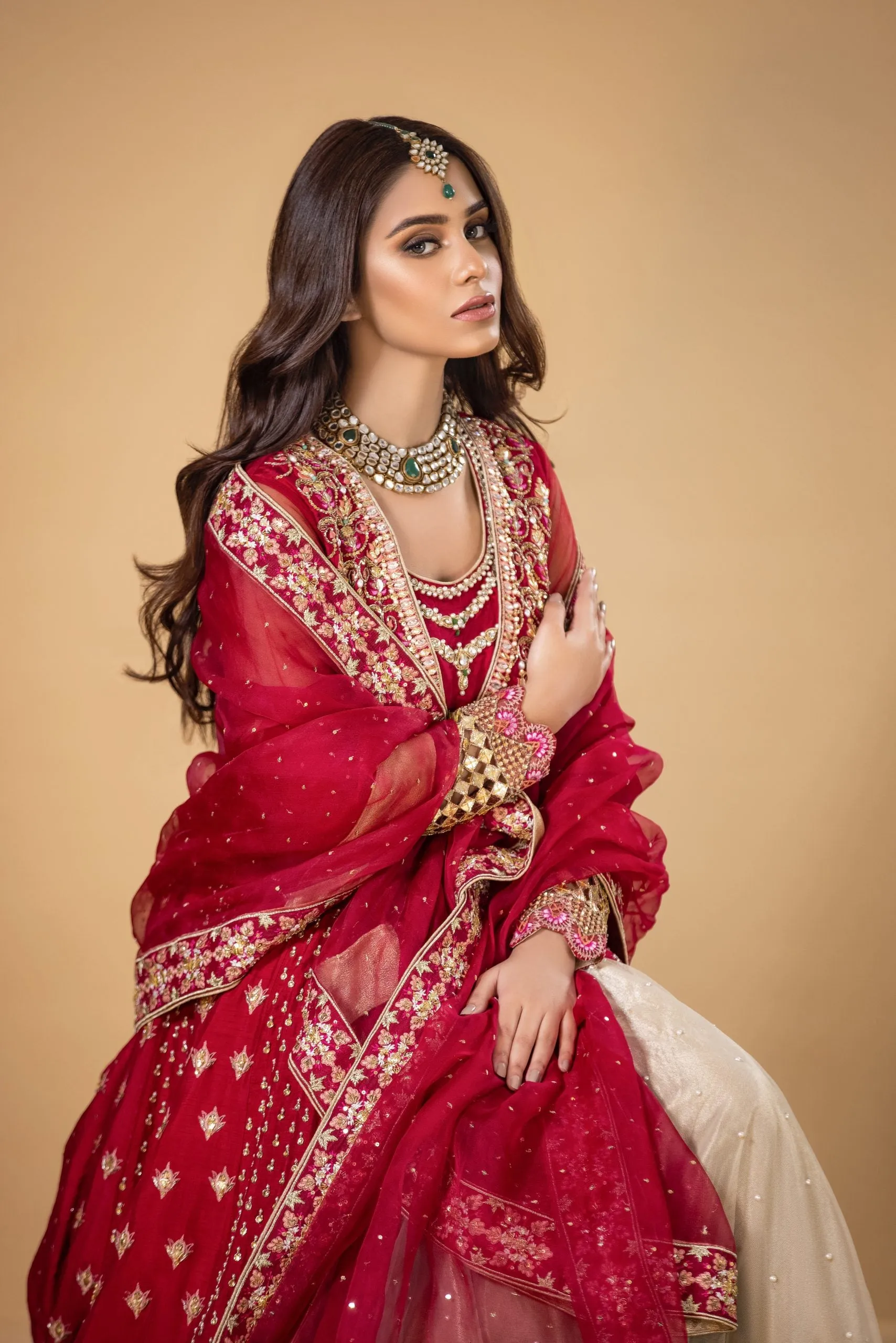 Royal Red Bridal Dress Pakistani in Lehenga Gown Style