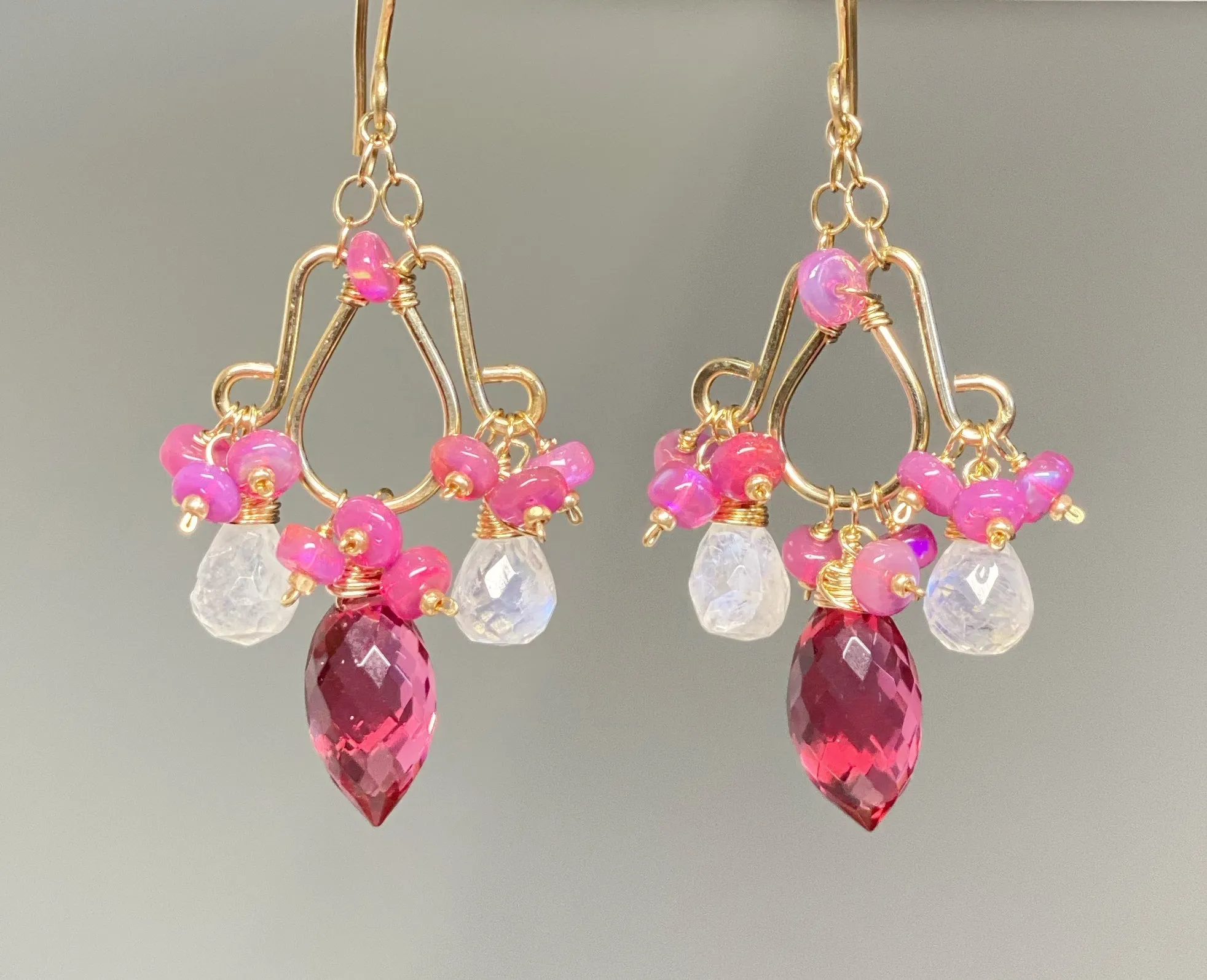 Rubellite Pink Quartz Moonstone Chandelier Earrings Pink Opals, Gold Fill
