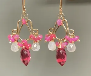Rubellite Pink Quartz Moonstone Chandelier Earrings Pink Opals, Gold Fill