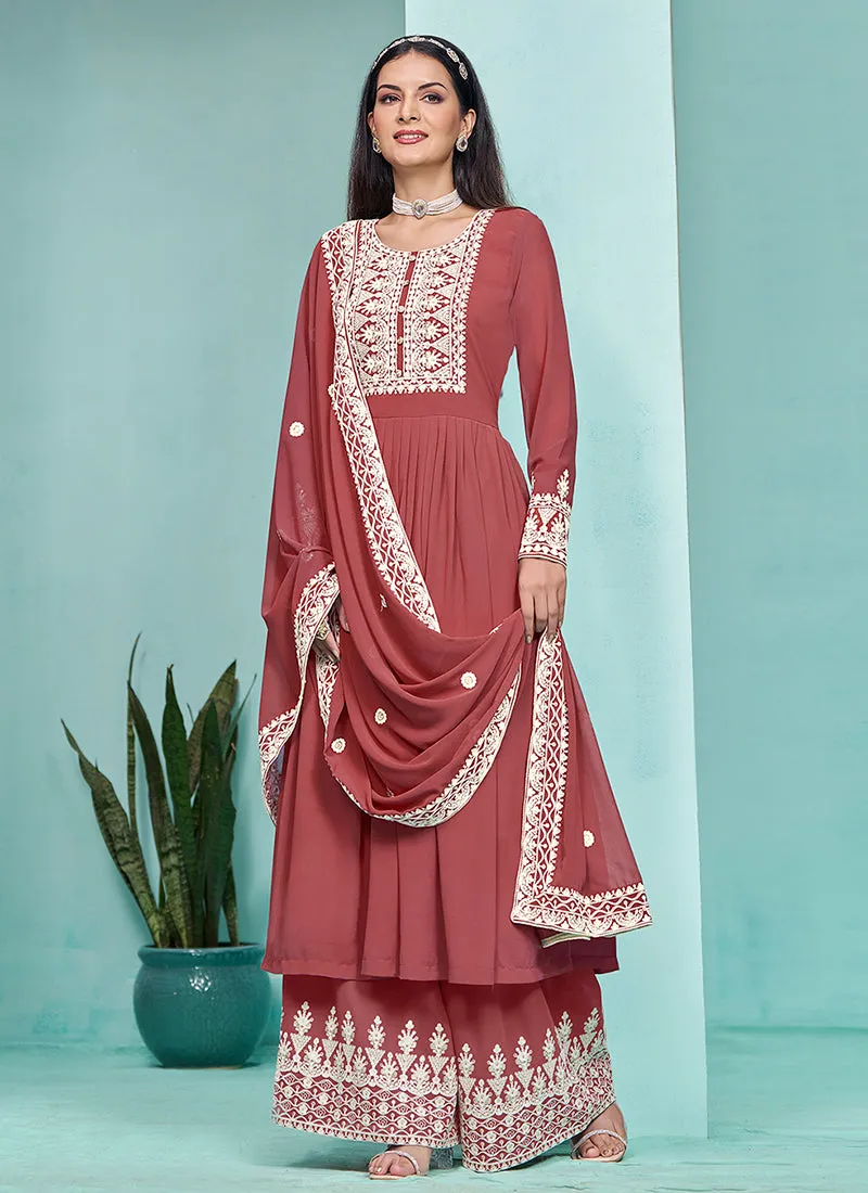 Rust Red Thread Embroidery Pleated Anarkali Palazzo Suit