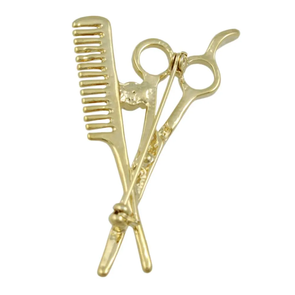 Scissors and Comb Brooch Pin with Clear Crystal  - PRF404