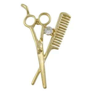 Scissors and Comb Brooch Pin with Clear Crystal  - PRF404