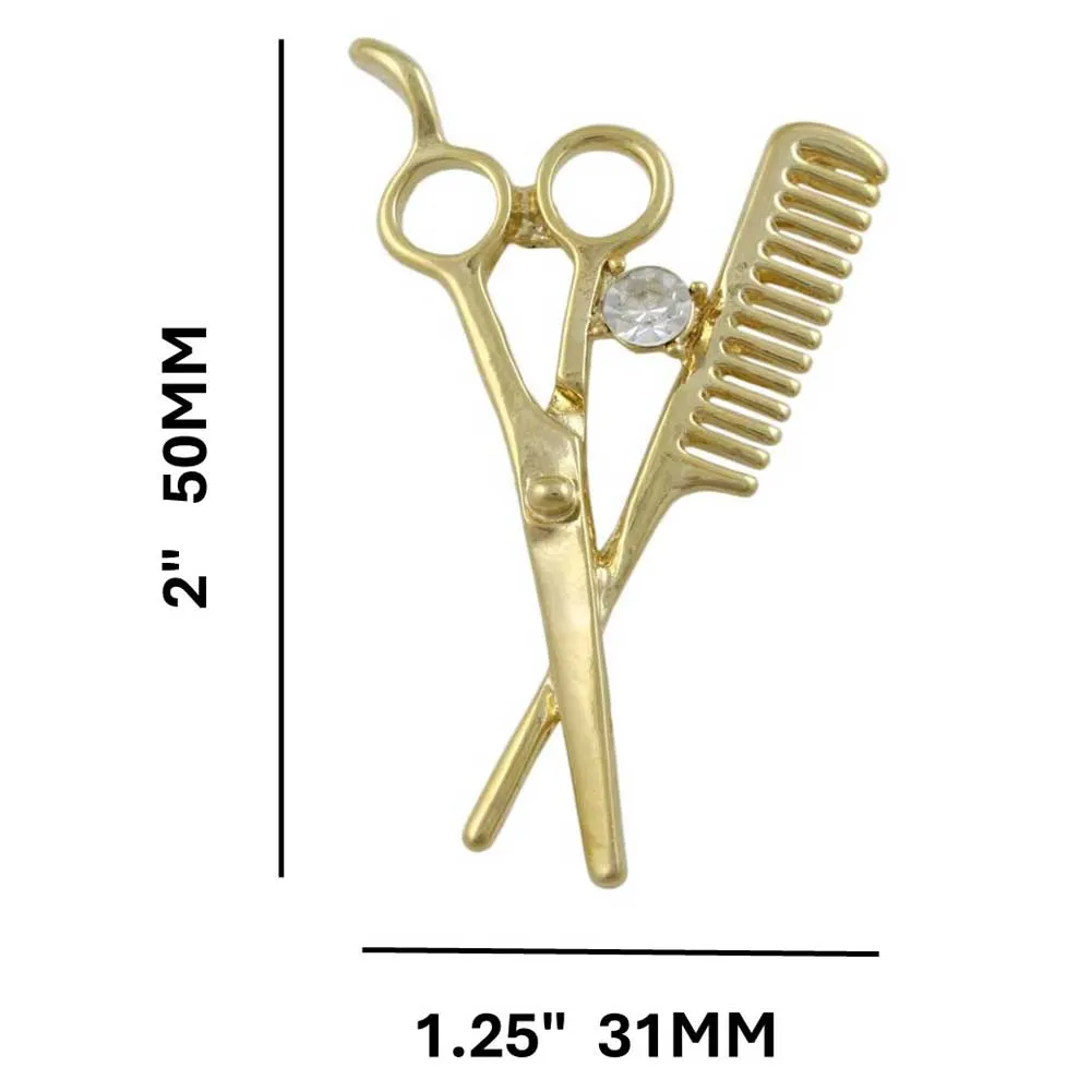 Scissors and Comb Brooch Pin with Clear Crystal  - PRF404
