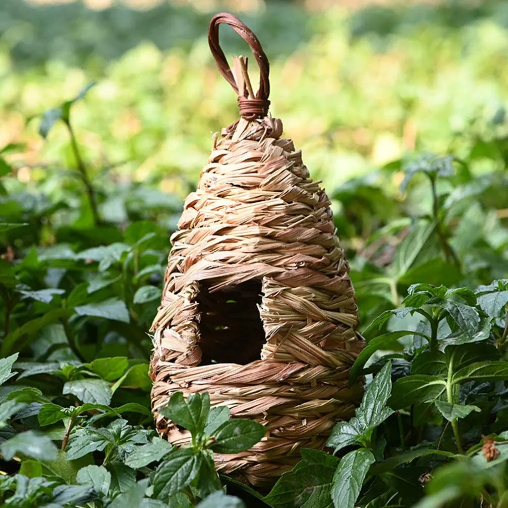 Set of 2 Yardwe Hand- Woven Bird Nests Wood Grass Bird Resting Hut Shelter Teardrop Shaped Hanging Hummingbird House for Outside Garden Decor