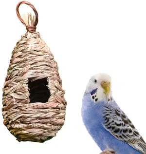 Set of 2 Yardwe Hand- Woven Bird Nests Wood Grass Bird Resting Hut Shelter Teardrop Shaped Hanging Hummingbird House for Outside Garden Decor