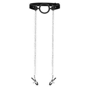 Shots Silicone Black O-ring Bondage Gag with Nipple Clamps